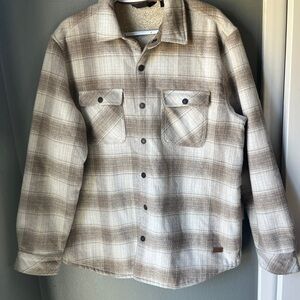 Outpost Plaid Button-Up Shacket in Brown and Cream